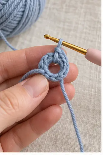 Beginning a blue crochet magic ring for a mini whale