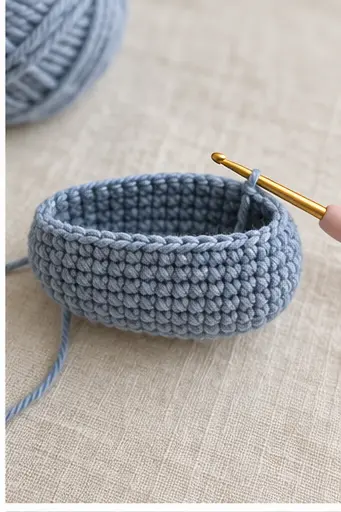 Cream oval belly patch pinned to a blue crochet whale