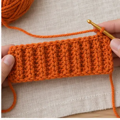 Orange crochet ribbing growing into a narrow rectangle