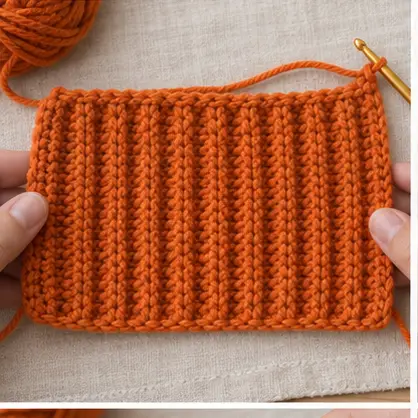 Completed rectangular panel of orange crochet ribbing