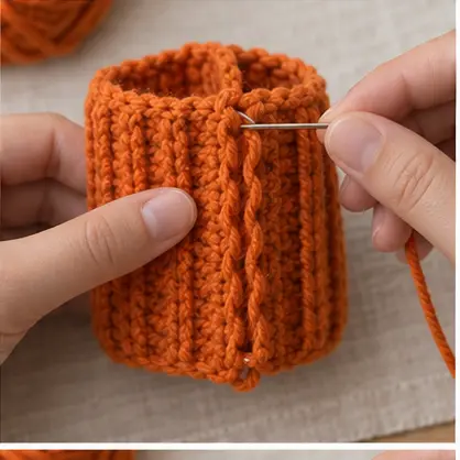 Joining the short sides of a ribbed crochet pumpkin panel
