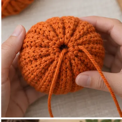 Gathering one end of an orange crochet pumpkin