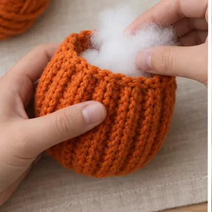 Stuffing the ribbed orange crochet pumpkin
