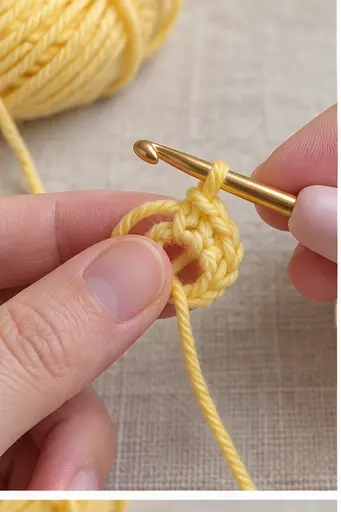 Starting a yellow magic ring for a no-sew crochet duck