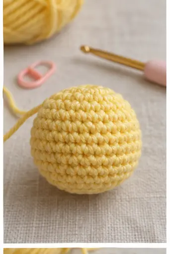 Rounded yellow crochet duck head before neck shaping