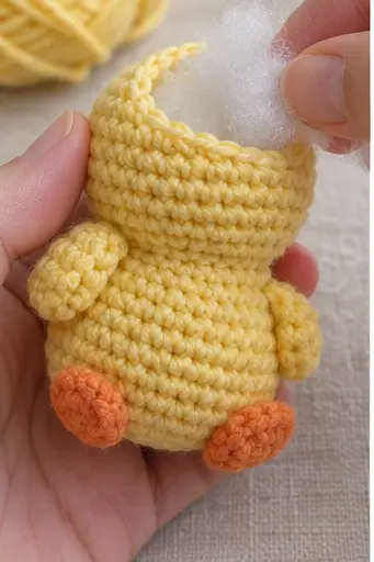Completed yellow no-sew crochet duck with orange bill