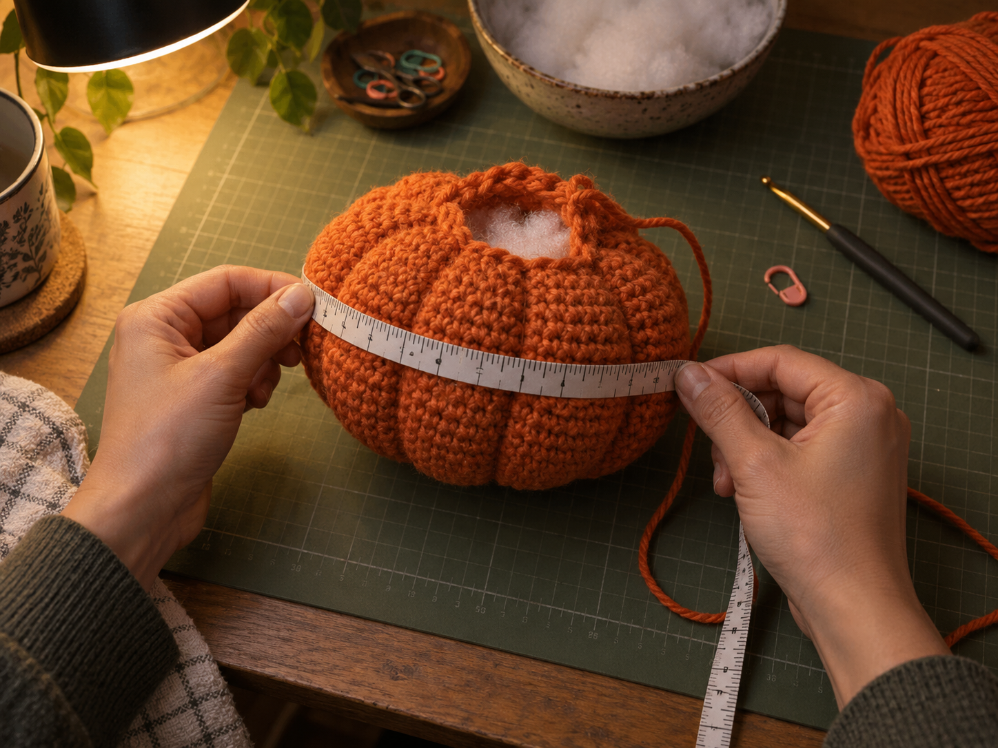 Hands measuring an unfinished crochet pumpkin during construction