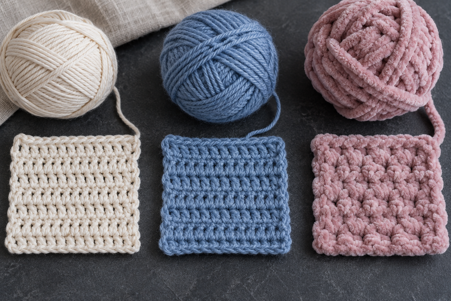 Cotton acrylic and chenille crochet swatches shown beside matching yarn