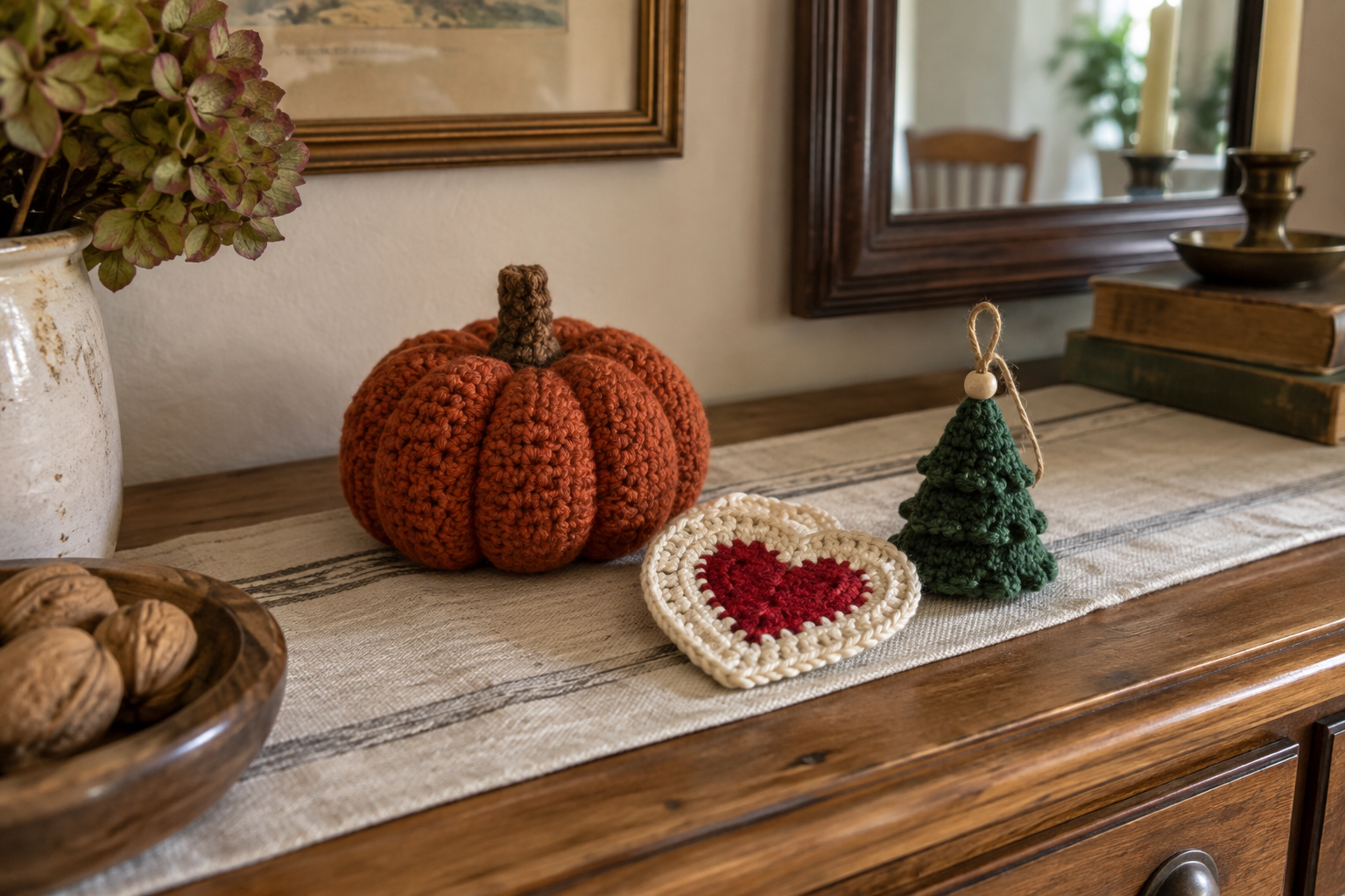 Seasonal crochet projects arranged with yarn for holiday planning