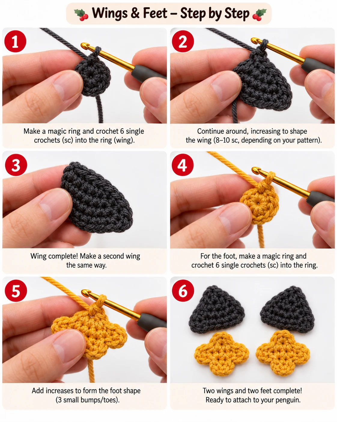 Crochet penguin wings and feet tutorial