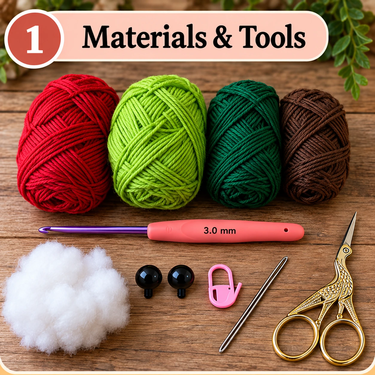 Materials and tools for the crochet poison apple pattern