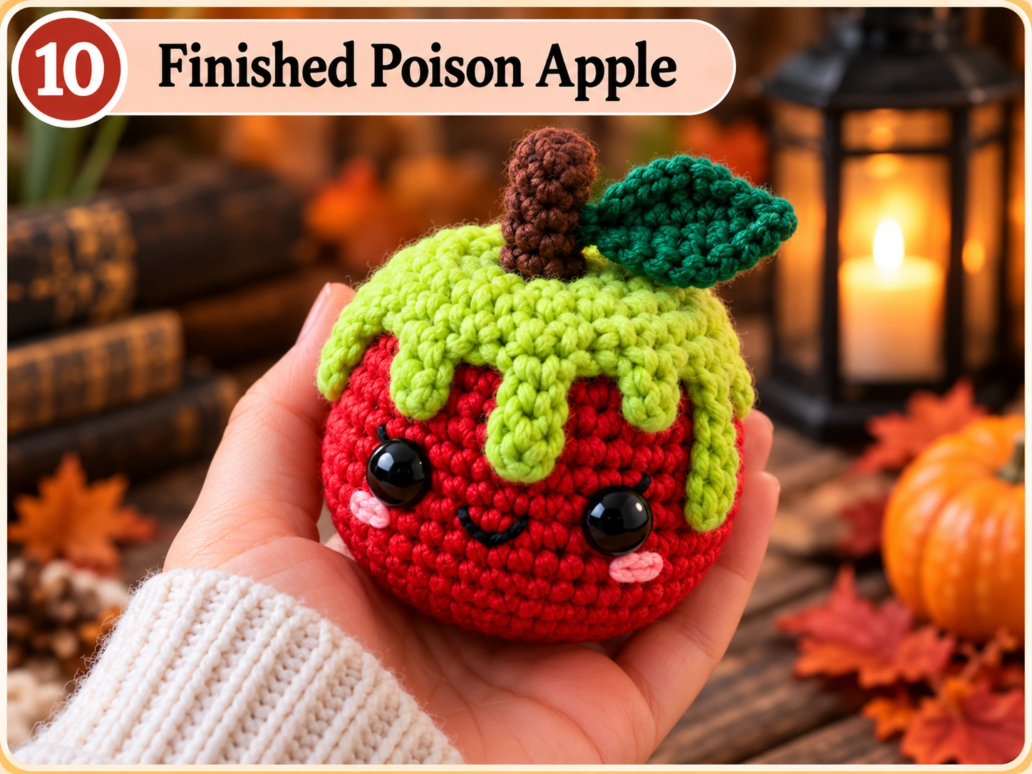 Finished crochet poison apple amigurumi for Halloween