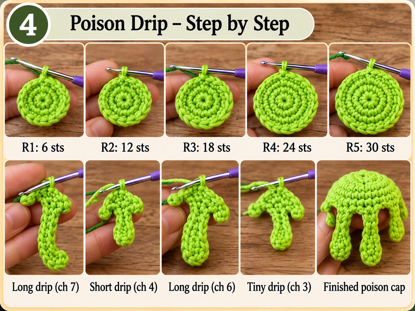 Crochet toxic green poison drip cap step by step