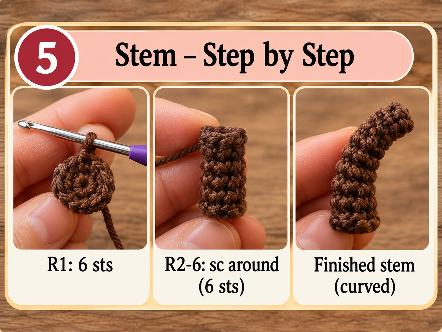 Crochet brown apple stem step by step