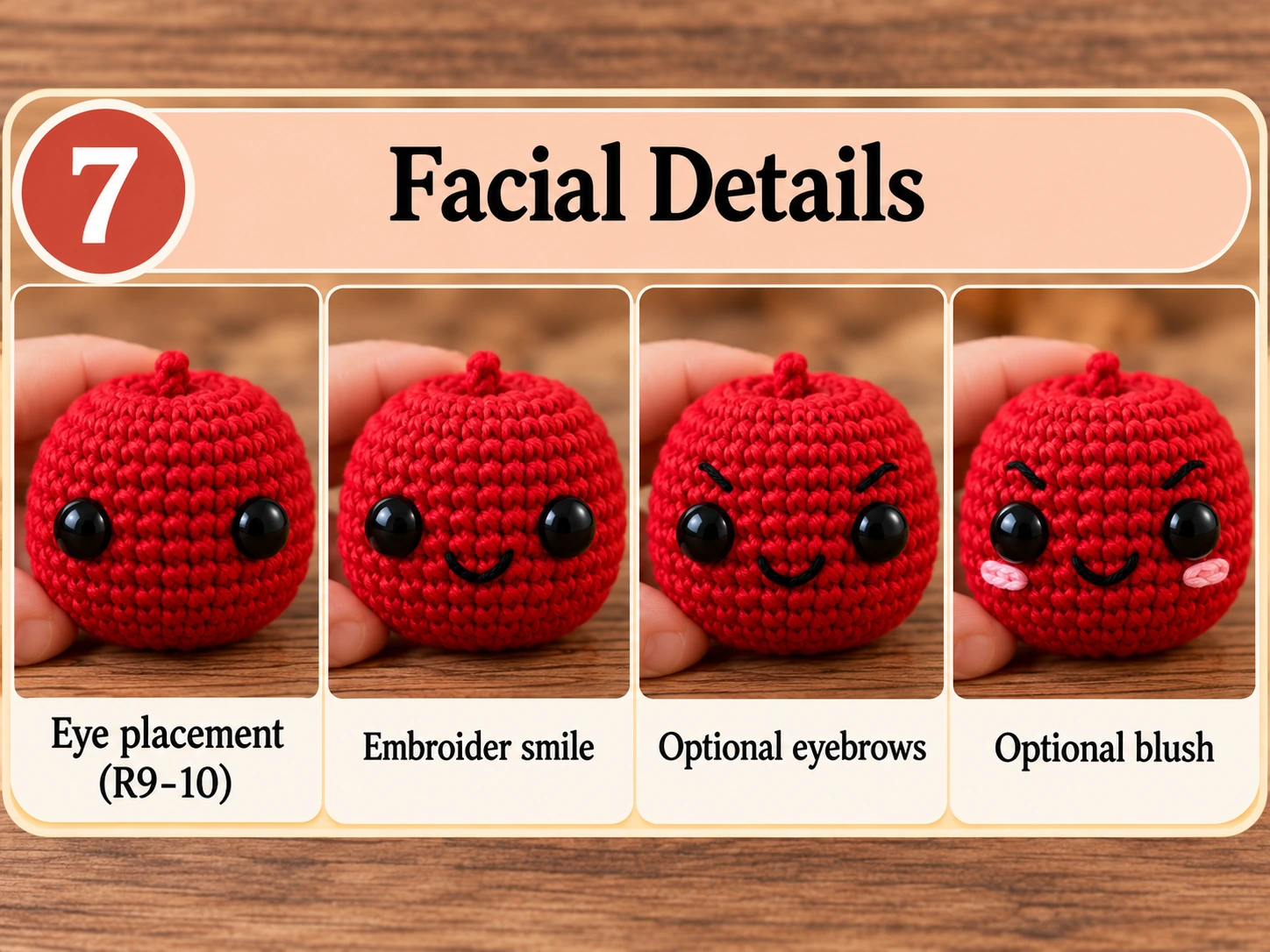 Cute spooky face details for the crochet poison apple