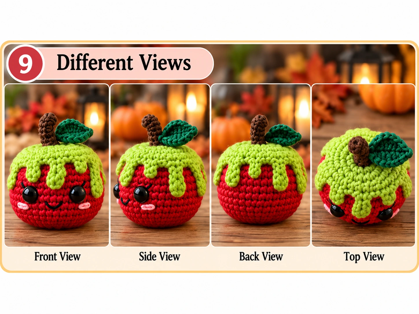 Front side back and top views of the finished crochet poison apple