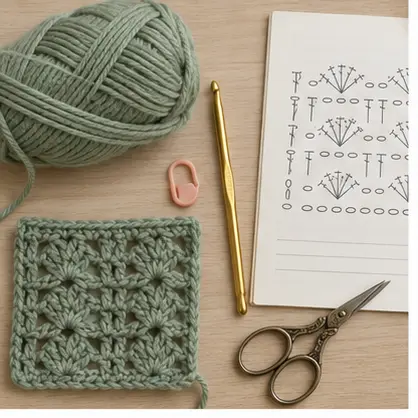 Sage yarn hook stitch marker and crochet pattern materials arranged together