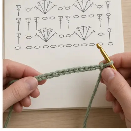 Beginning a sage crochet foundation chain below a simple stitch chart