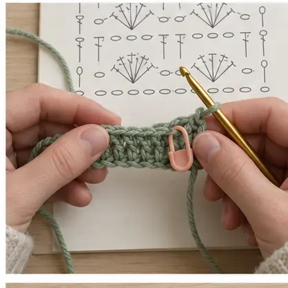 Pink stitch marker placed in a sage crochet row