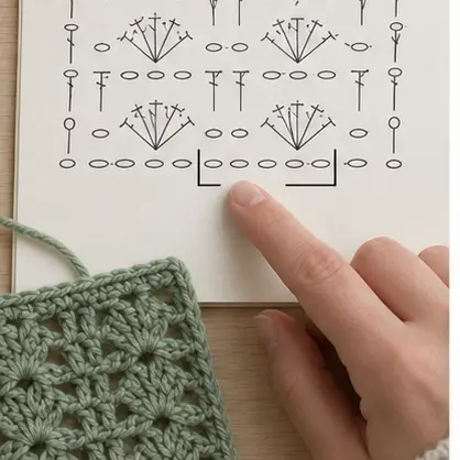 Finger identifying a repeated section on a crochet chart