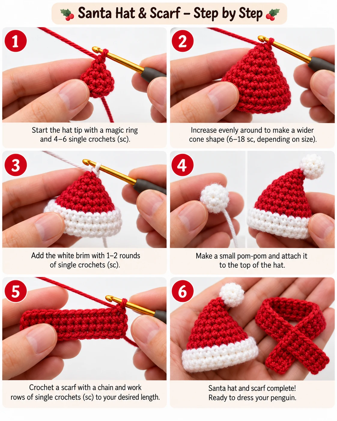 Crochet Santa hat and scarf for Christmas penguin
