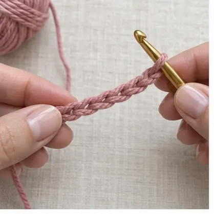 Dusty rose crochet foundation chain held between two hands