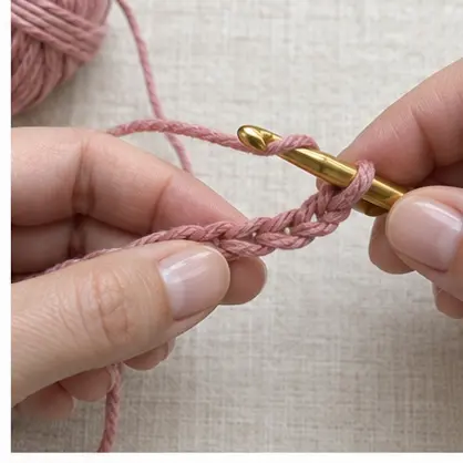 Yarn wrapped over a gold hook to begin single crochet