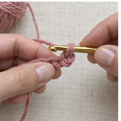 Turning a dusty rose single crochet swatch for the next row
