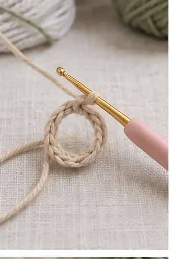 Starting the crochet turtle shell with a beige magic ring