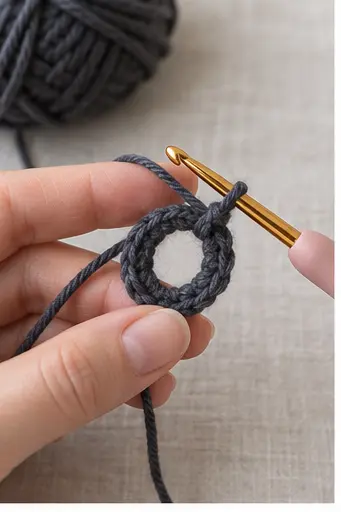 Beginning the charcoal crochet penguin body with a magic ring