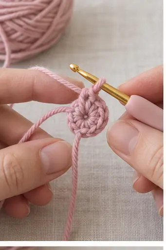 Starting a dusty pink crochet blobfish with a magic ring