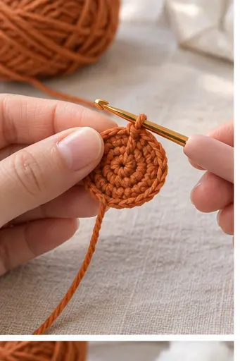 Crocheting the first orange rounds for a tiger cub head