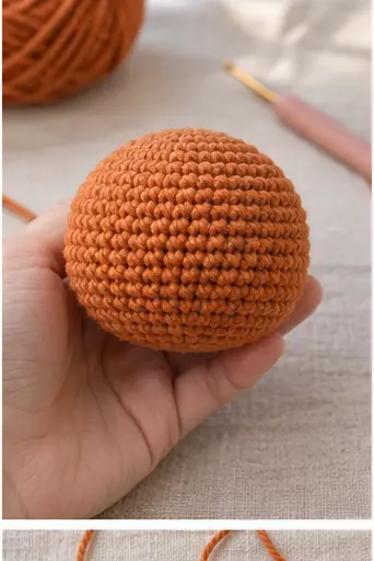 Completed round crochet sphere for the tiger cub head