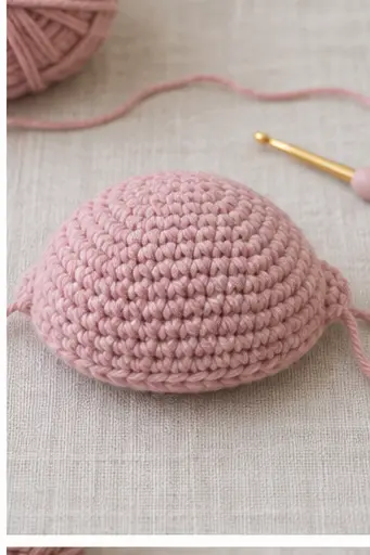 Low dome-shaped dusty pink crochet blobfish body