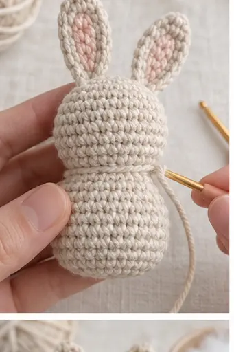 No-sew bunny head and body worked continuously in oatmeal yarn
