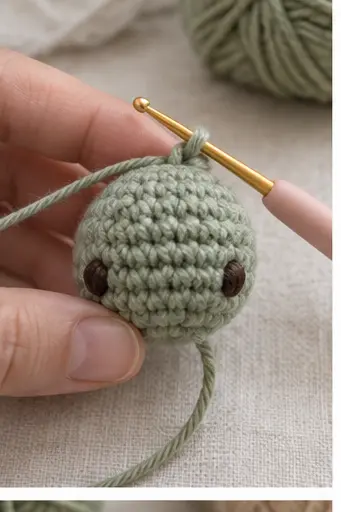 Sage green crochet turtle head with embroidered brown eyes