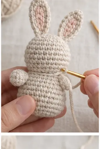 Crocheting small bobble arms directly onto the bunny body