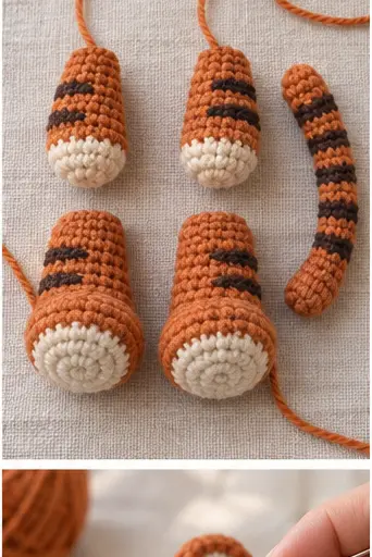 Matching crochet tiger arms legs and striped tail arranged before assembly