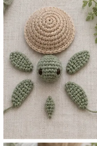 Crochet turtle shell head flippers and tail arranged for assembly