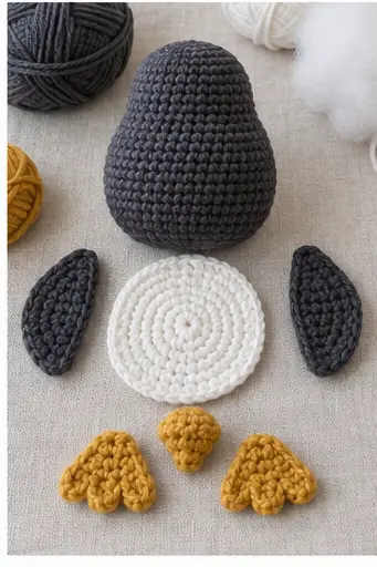 All crochet penguin pieces arranged before assembly