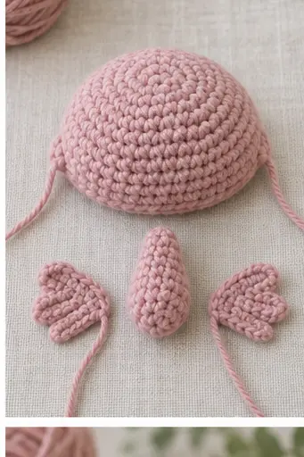 Crochet blobfish body nose and fins arranged before assembly