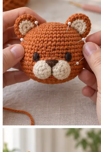 Pinning the ears and muzzle symmetrically on a crochet tiger head