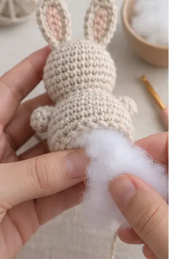 Stuffing the continuous crochet bunny body before closing