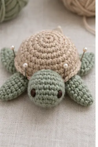 Pinning the crochet turtle parts evenly around the shell base