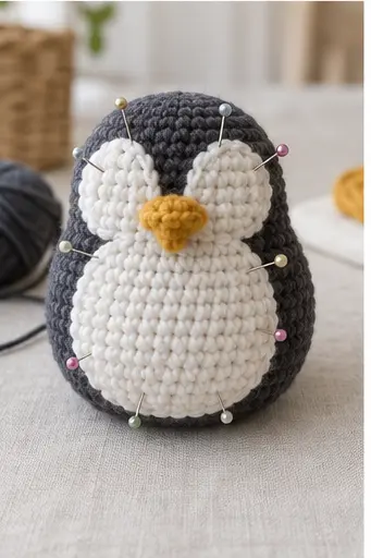 Pinning white face and belly panels to crochet penguin body