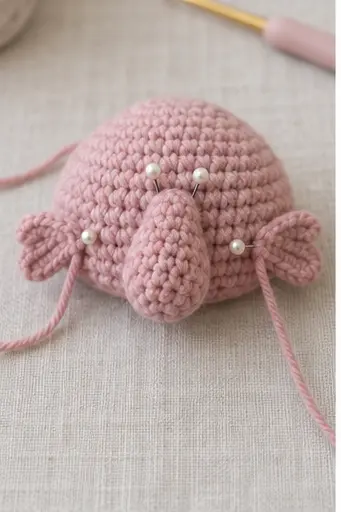 Pinning a drooping crochet nose and side fins onto the blobfish body