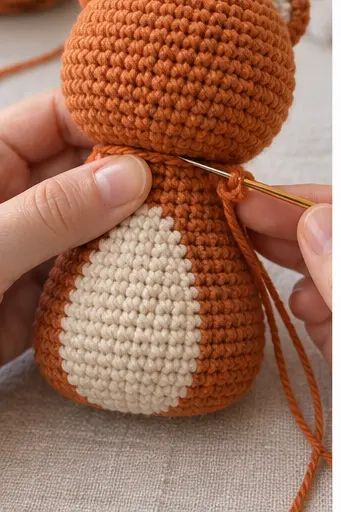 Joining the crochet tiger head securely to the stuffed body