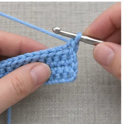 Finished rectangular blue crochet swatch with parallel sides