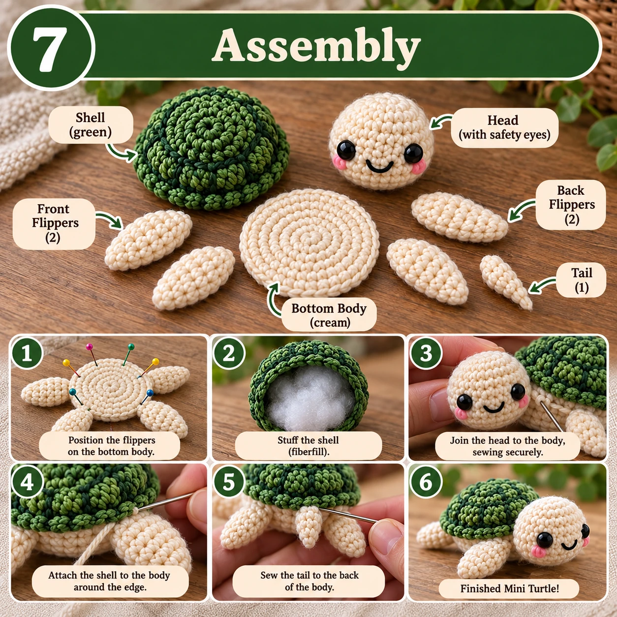 Mini crochet turtle assembly showing shell head flippers body and tail