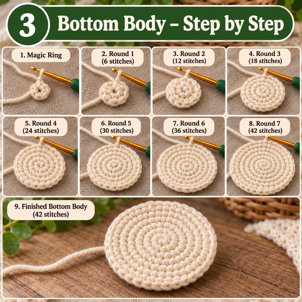 Crochet turtle bottom body step by step in cream yarn